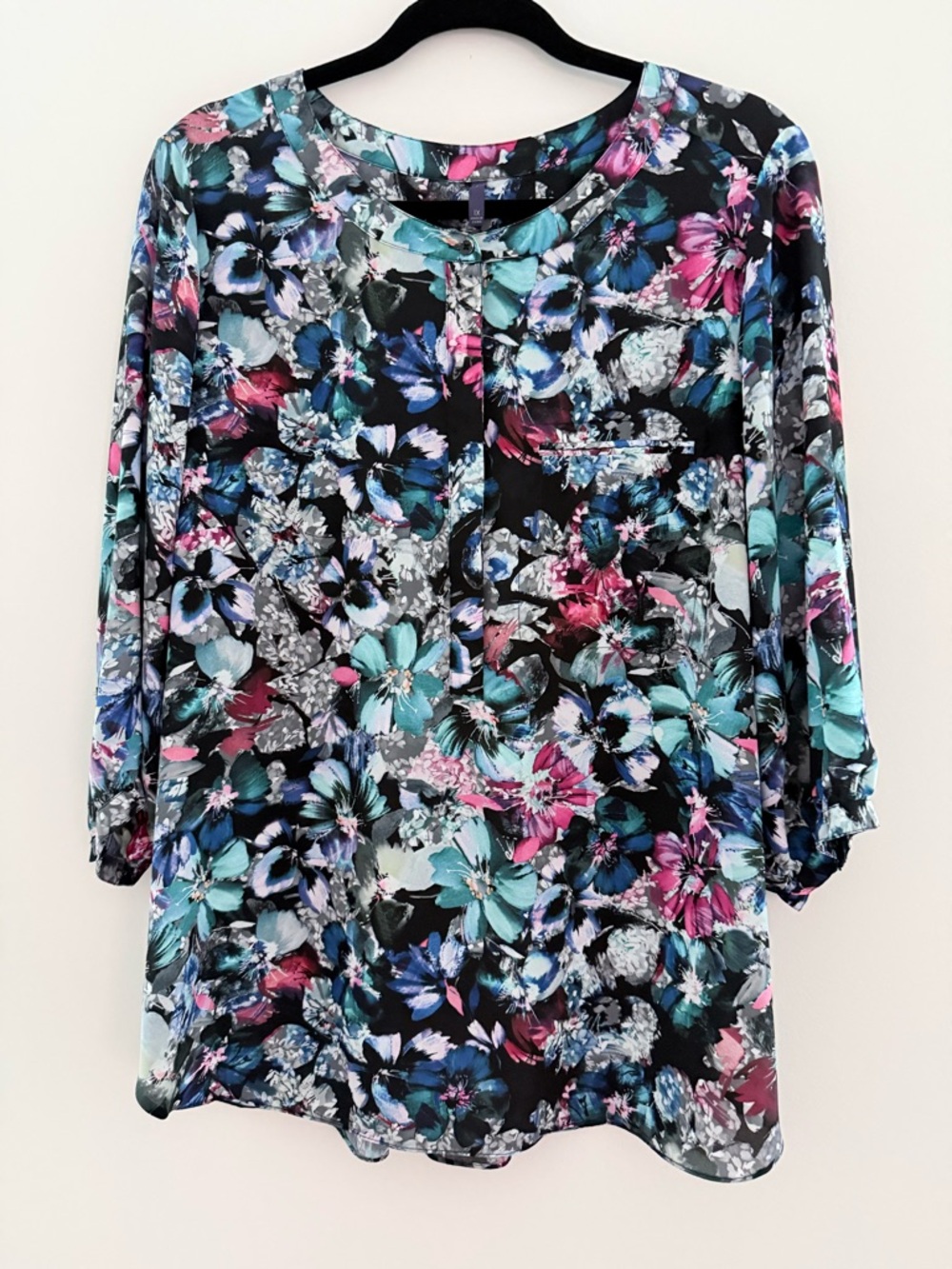 NYDJ Floral Scoop Neck Blouse in Black, Teal and Pink